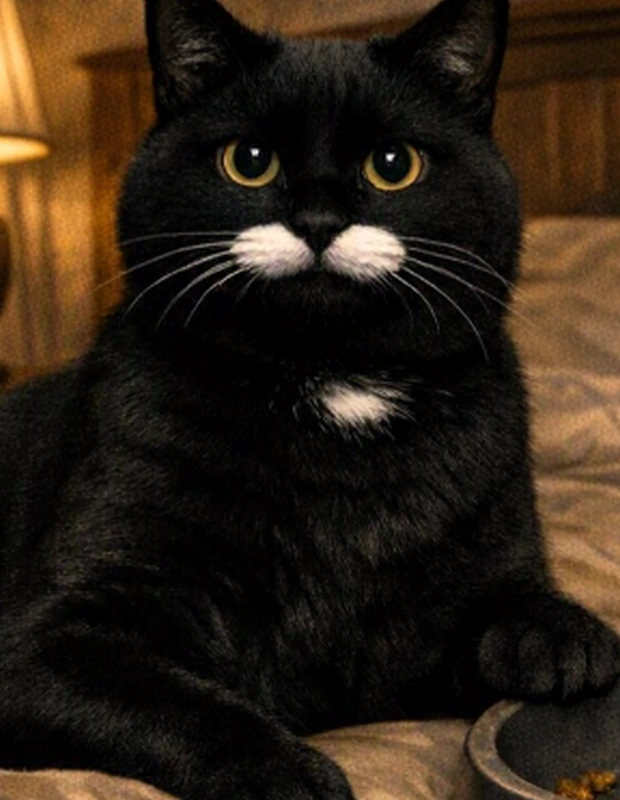 Sr. Bigode junto ao pote de alimentação